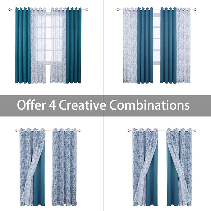 BONZER Mix and Match Curtains - 2 Pieces Branch Print Sheer Curtains and 2 Pieces Blackout Curtains for Bedroom Living Room Grommet Window Drapes, 54x108 Inch/Panel, Teal, Set of 4 Panels