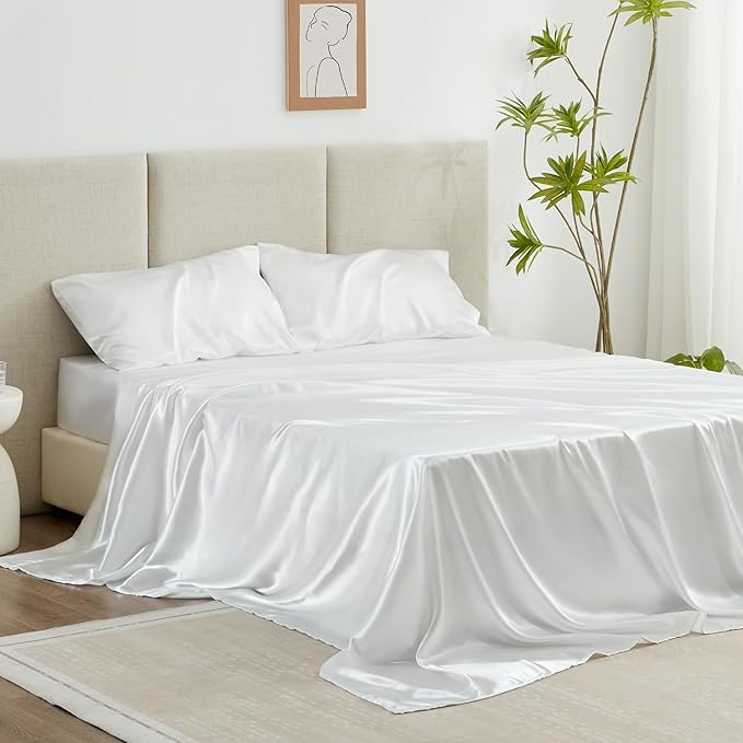 Love's cabin California King Satin Sheet Sets - 4 Piece White Silky Sheets Bed Set with Deep Pocket, Luxury Silk Feel Satin Cal King Sheet Set (1 Flat Sheet,1 Fitted Sheet,2 Pillow Cases)