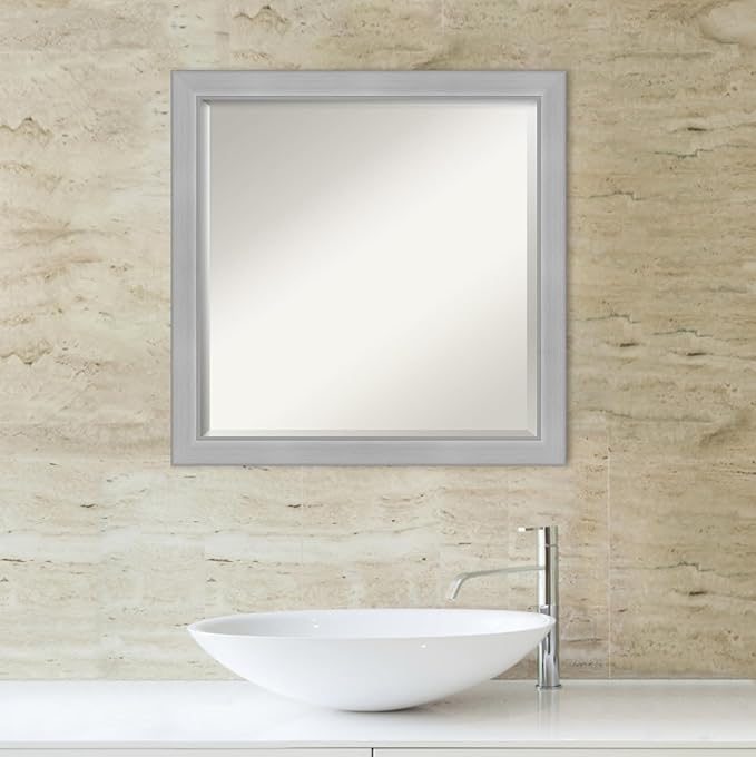 Amanti Art Silver Bathroom Mirror for Over Sink, 23x23 Vista Brushed Nickel Narrow Square Vanity Mirror, Medium Casual Frame, Hangs Horizonally and Vertically, Bathroom Wall Decor, Beveled Edge