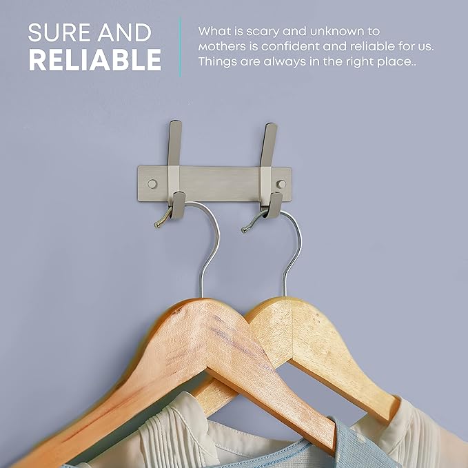 Small Coat Rack Wall Mount – Brushed Nickel 6 Inch Stainless Steel Hook Rail with 2 Heavy Duty Double Coat Hooks – Wall Mounted Coat Hanger for Entryway, Bathroom, Bedroom, Towel, Hat Organizer