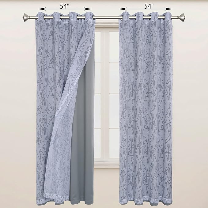 BONZER Mix and Match Curtains - 2 Pieces Branch Print Sheer Curtains and 2 Pieces Blackout Curtains for Bedroom Living Room Grommet Window Drapes, 54x63 Inch/Panel, Light Grey, Set of 4 Panels