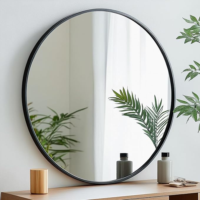 Black Circle Mirror, 20 inch Round Mirror, Black Bathroom Mirror Circular, Round Wall Mirrors for Living Room, Bedroom, Bathroom, Washroom, Rustic, Vanity.