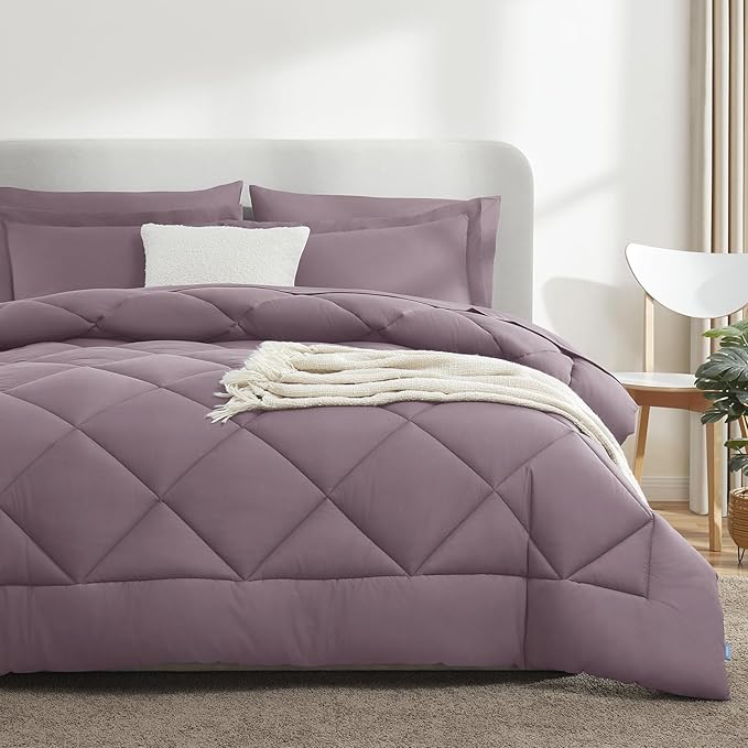 CozyLux Queen Comforter Set Dusty Purple - Bed in a Bag Queen Size 7 Pieces, Soft Bed Set for All Seasons, Bedding Set with Down Alternative Comforter, Sheets, Pillowcases & Shams, Grayish Purple