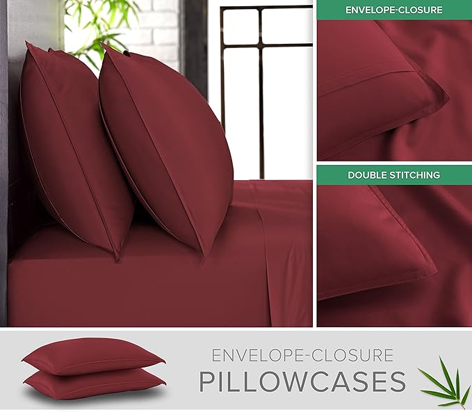 Full Sheets by Pure Bamboo, Genuine 100% Organic Viscose Derived from Bamboo Bed Sheet Set, Luxuriously Soft & Cooling, Double Stitching, Lifetime Quality Promise (Full, Merlot)