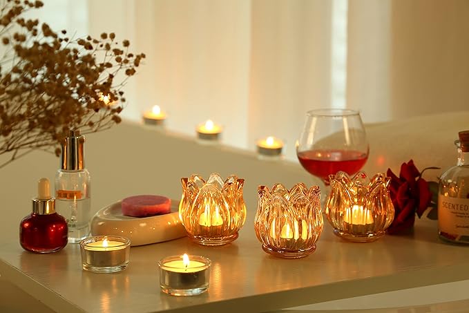 GOLDEAL 6Pcs Gold Votive Candle Holders, Thick Glass Tea Light Candle Holder Bulk, Tealight Candle Jars for Wedding Table Decor, Party Supplies, Bridal Shower Decorations, Centerpieces for Tables