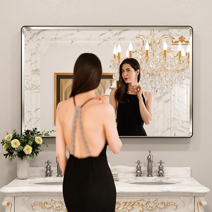 LOAAO 55X36 Inch Brushed Nickel Bathroom Mirror, Rounded Rectangle Silver Metal Frame Mirror, Brushed Nickel, Anti-Rust, Shatter Proof, Hangs Horizontally or Vertically