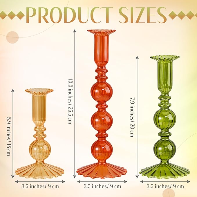 Mumufy 3 Pcs Thanksgiving Glass Candlestick Holders Thanksgiving Ball Shaped Glass Taper Candle Holder Amber Olive Honey Gold Fall Candle Stick Vase Decor for Holiday(5.9, 7.9, 10 inch,Vivid)