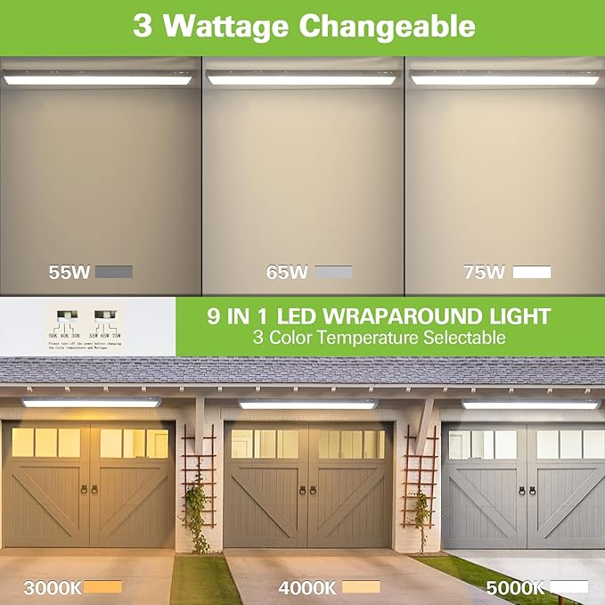 4FT LED Flush Mount Wraparound Light, with 3 Wattages/3 Lumens/3 CCT Selectable, 55W/65W/75W, 5500lm/6500lm/7500lm, 3000K/4000K/5000K, 4 Foot LED Wraparound Light Fixture for Garage, Office, ETL