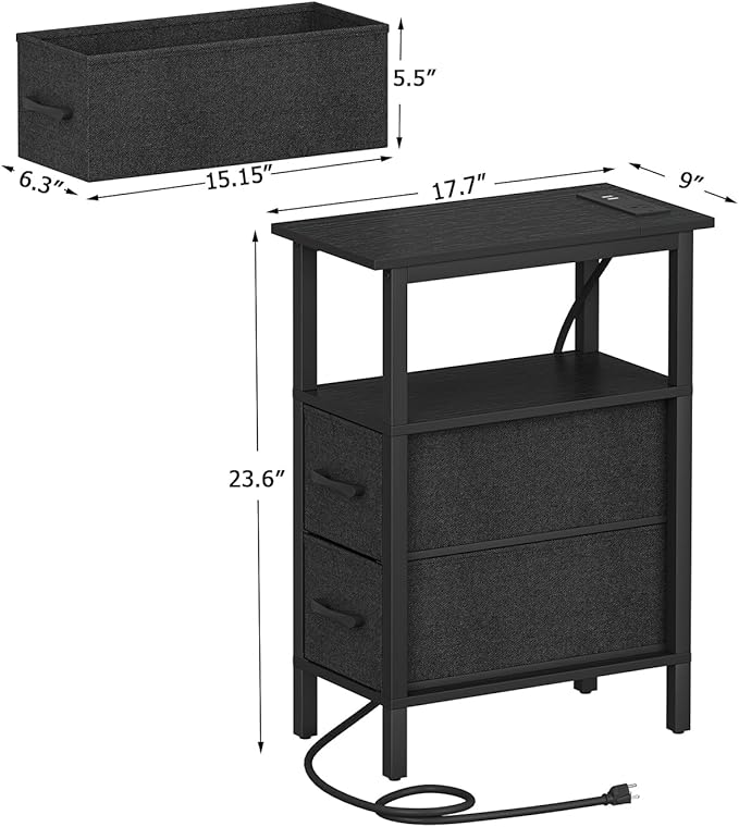 2 Set Narrow Side Table for Small Spaces, Skinny End Table with Charging Station, Sofa Beside Table with 2 Fabric Drawers and 1 Open Compartment, Slim Nightstand with USB Ports Outlet, Black UTBT004B