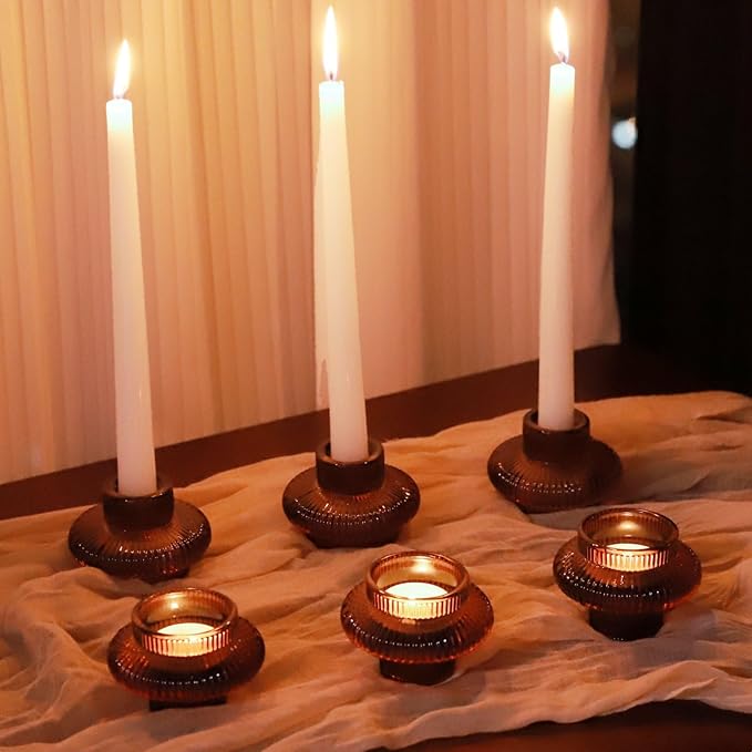 VOHO 18pcs Brown Taper Candle Holders for Table Centerpiece, Reversible Glass Candle Holder for Candle Sticks & Tea Lights Candles, Classic Ribbing Tapered Candlestick Holders for Home, Boho Decor