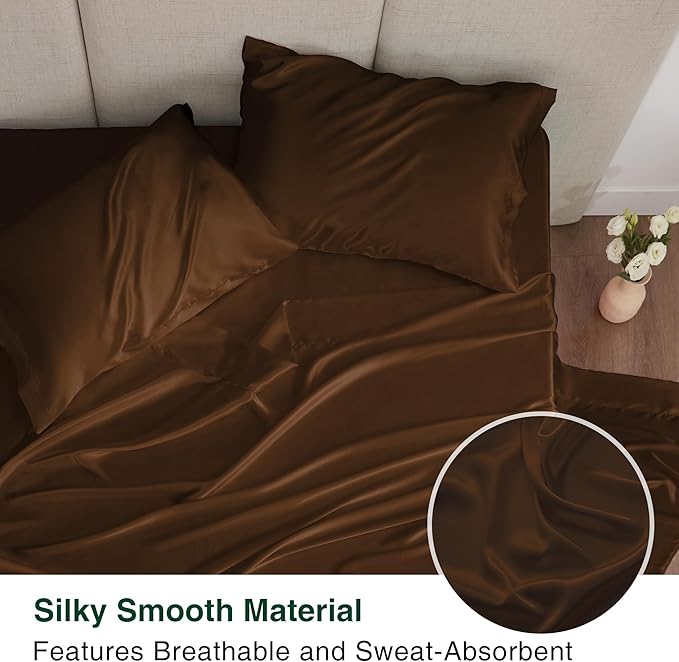 Love's cabin Full Size Satin Sheet Sets - 4 Piece Brown Silky Satin Sheet Set Full with Deep Pocket, Luxury Silk Feel Satin Bed Sheets Full Bedding Set (1 Flat Sheet,1 Fitted Sheet,2 Pillow Cases)