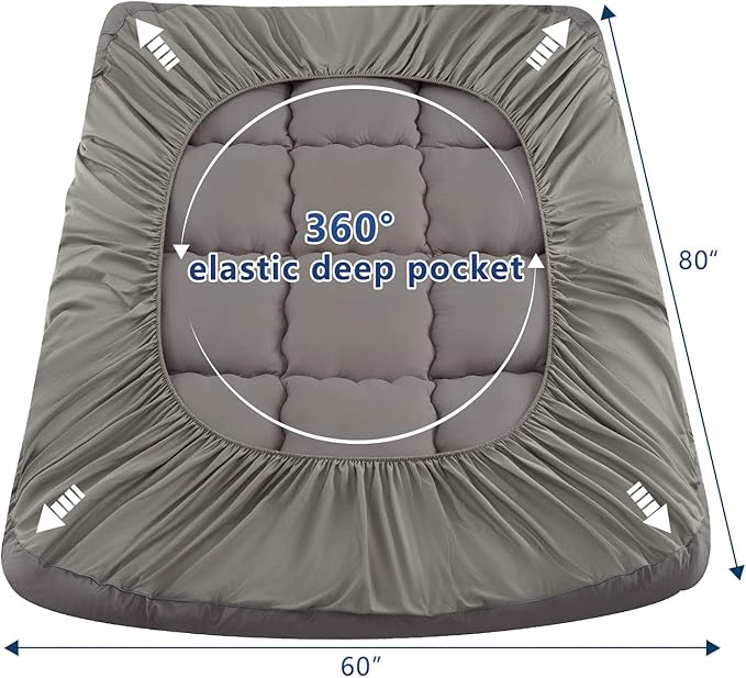 Marine Moon Mattress Topper Queen, Marine Moon Cooling Bed Topper Cover, Thick Soft Pillow Top Mattress Pad, Plush Hotel Down Alternative Mattress Topper with 8-21" Deep Pocket, Grey