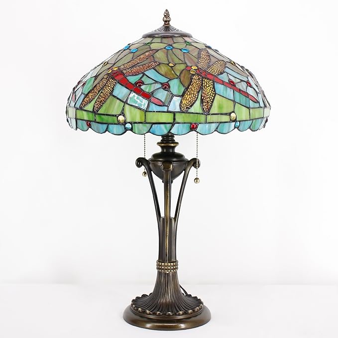 Tiffany Table Lamp Green Red Stained Glass Desk Lamp 16X16X24 Inches Dragonfly Style Reading Light