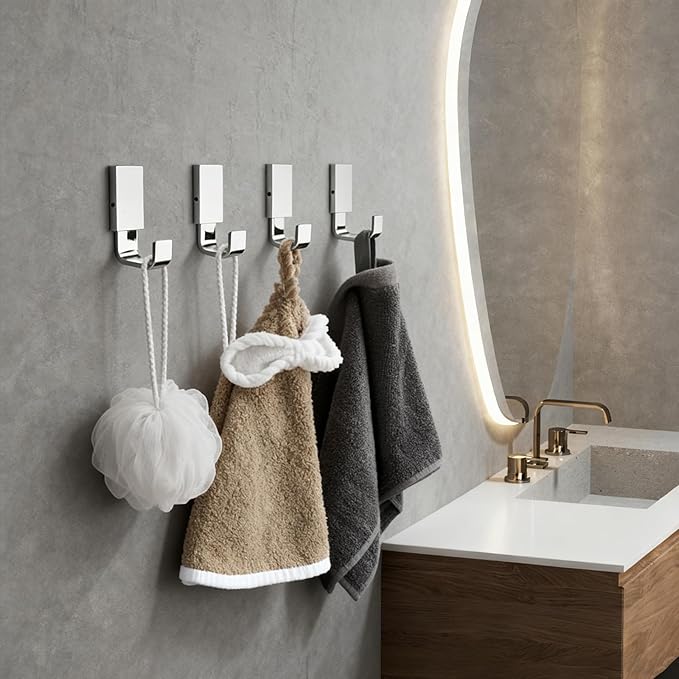 BESy Brass Clothes Hook Single Towel Hook for Bathroom Kitchen Garage Square Style Robe Hooks Coat and Hat Hook, Self Adhesive with Glue or Wall Mounted with Screws, Four Packs, Polished Chrome