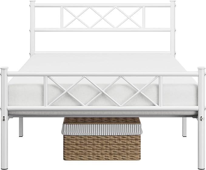 Yaheetech Twin Size Metal Platform Bed Frame with Simple Headboard and Footboard, Mattress Foundation for Under Bed Storage, Steel Slat Support, No Box Spring Needed, Easy Assembly, White