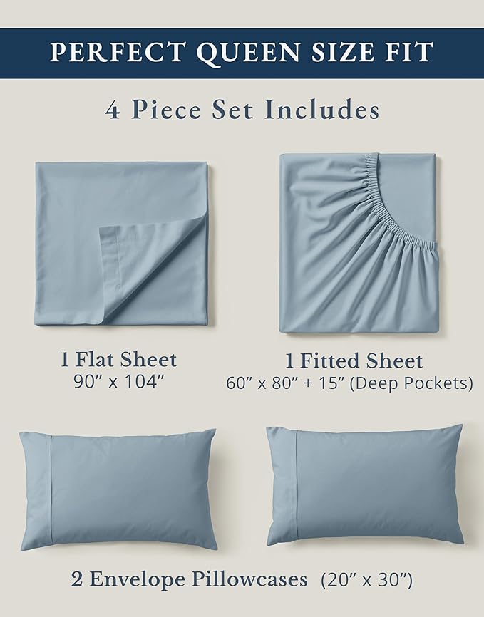 LANE LINEN 100% Organic Cotton Eco Friendly Sustainably Produced Queen Sheets Set, Low Pill Fade Resistant Machine Wash Fully Elasticized Cotton Bedding Queen Set- French Blue