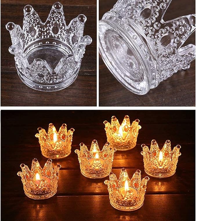 Vixdonos Crown Glass Tealight Candle Holder Set of 12 Clear Votive Candle Holders for Wedding, Party and Home Decor