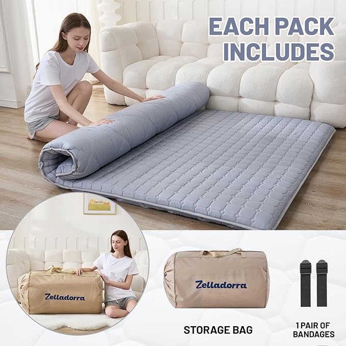 Japanese Floor Mattress Queen, Anti-Slip Japanese Futon Foldable Tatami Mat for Guests, Grey