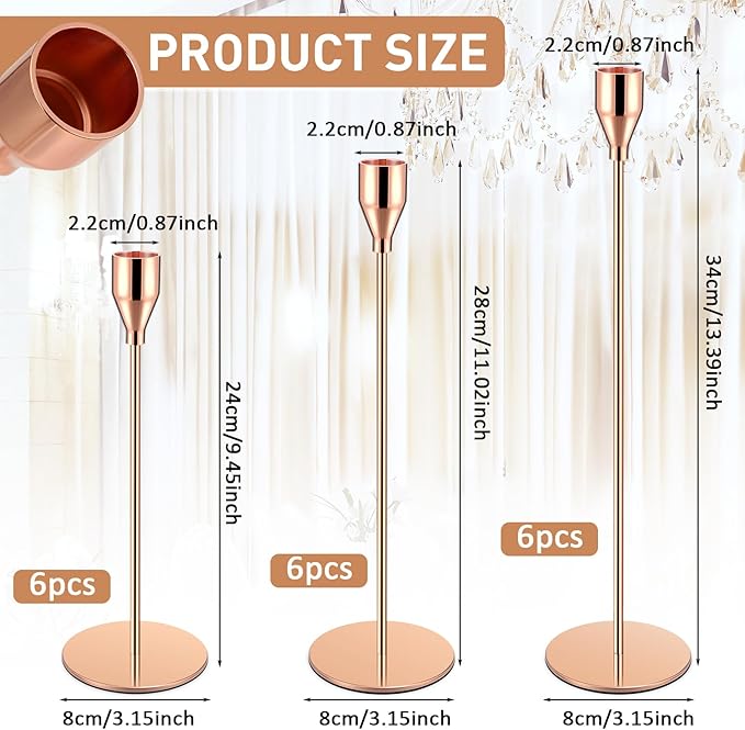 Set of 18 Tall Candlestick Holders Thin Metal Taper Candle Holders for Table Centerpiece Modern Decorative Pillar Candle Sticks Stand for Home Wedding Christmas Decoration(Rose Gold)