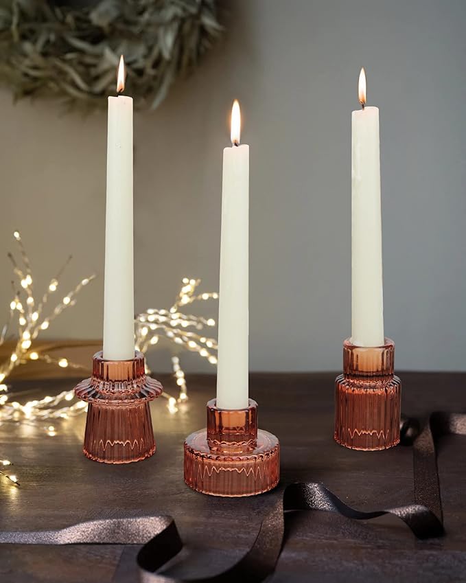Vixdonos Glass Candlestick Holders Tealight Candle Holders for Table Centerpieces, Wedding Decor and Dinner Party (3 Pcs, Reddish Brown)
