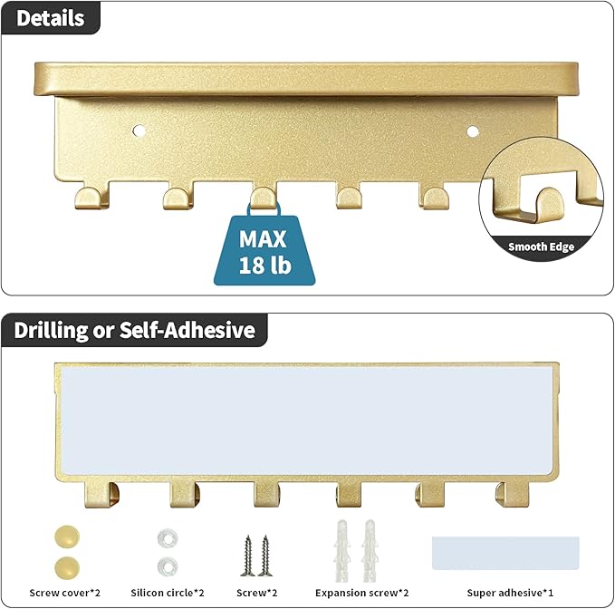 GTK Key Holder for Wall, Key Hooks with Tray and 6 Hooks, Wall Mounted Key Holder for Hallway, Key Rack with Shelf for Mail Storage (Gold)
