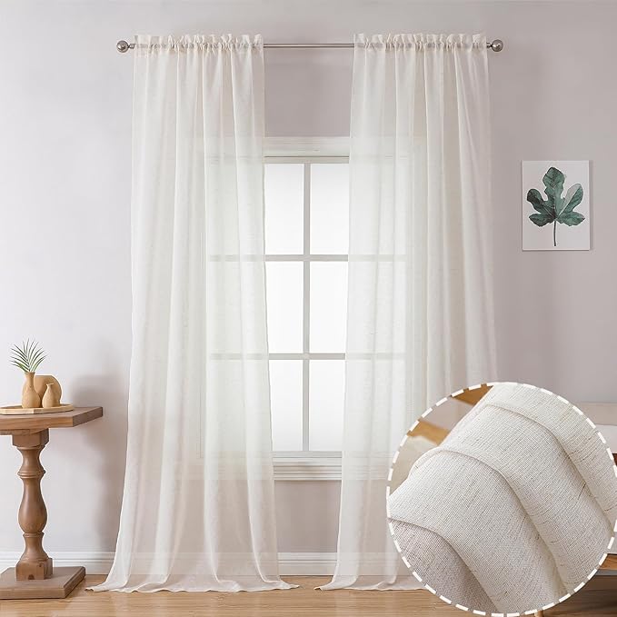 OWENIE Linen Blend Sheer Curtains 96 inch Long 2 Panels Set for Bedroom/Living Room, Natural Farmhouse Sheer Cutain Rod Pocket Farmhouse Drapes,2 Pcs Each 40" W x 96" L