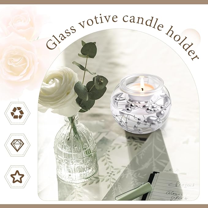 8 Pcs Glass Clear Votive Floating Candle Holders with 8 Pcs Bright Pearl String Beads, Tealight Bowl Candle Holder Bulk for Wedding Centerpiece Home Bridal Shower Party Decor (Silver)
