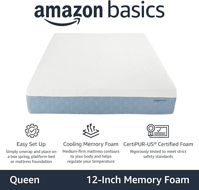 Amazon Basics Memory Foam Mattress, Medium Firm, Cooling Gel, Queen Size Mattress, CertiPUR-US® Certified Foam, 80 x 60 x 12 inches, White/Gray