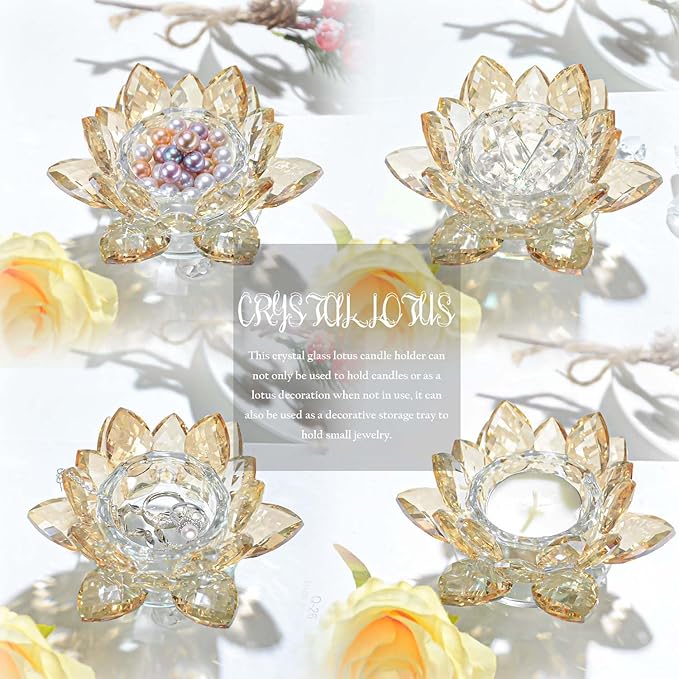 Crystal Lotus Flower Tealight Candle Holders/Glass Tea Light Candlestick Decor Decoration for Christmas Home Wedding Party… (Gold 1pc)