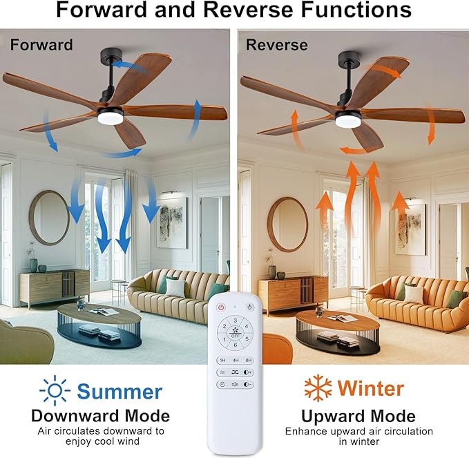 BOJUE 60 Inch Ceiling Fans with Lights and Remote Control, Modern Ceiling Fan with Light for Bedroom, Noiseless DC Motor, Dimmable Led 5 Solid Wood Blades