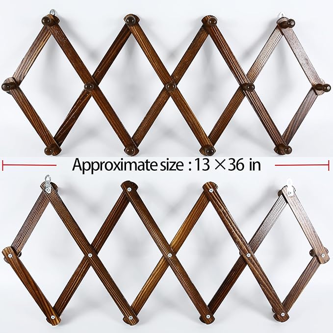 AMAPON Accordion Style Expandable Wall Wooden Coat Rack 13 Hooks (Pegs) Hang Hats Jackets Coffee Mug Purses Necklaces Towels Cap Leash Scarves Data Line Kitchenware (Walnut 2 Pack)