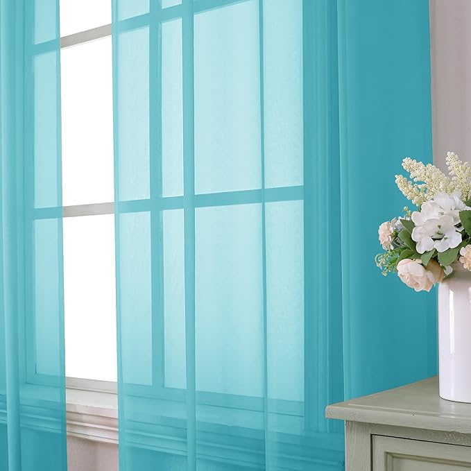Aiyufeng Turquoise Sheer Curtains 63 Inch Length 2 Panels Set, Light Filtering Airy Rod Pocket Turquoise Window Curtain Treatment Drapes for Kitchen Bedroom Living, Each 40Wx63L Inches