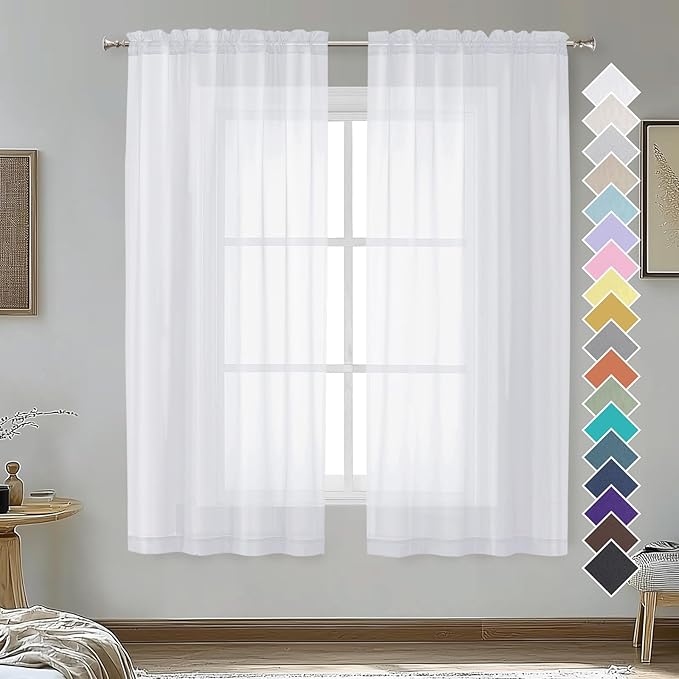 OVZME White Sheer Curtains 63 inch Length 2 Panels for Bedroom Living Room, Light Filtering Dual Rod Pocket Voile, Each 42 Width by 63 Length.