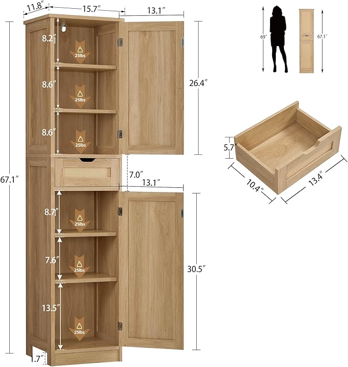 Iwell Tall Narrow Storage Cabinet with Doors, Rattan Cabinet with Adjustable Shelves, Freestanding Linen Storage for Living Room, Entryway, Kitchen, Bathroom, Natural