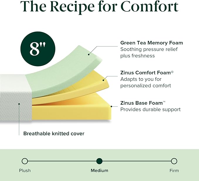 ZINUS 8 Inch Queen Green Tea Memory Foam Mattress [New Version], Fiberglass free, Medium Firm Feel, Zoned Pressure Relief, Certified Safe Foams & Fabric, Mattress in A Box
