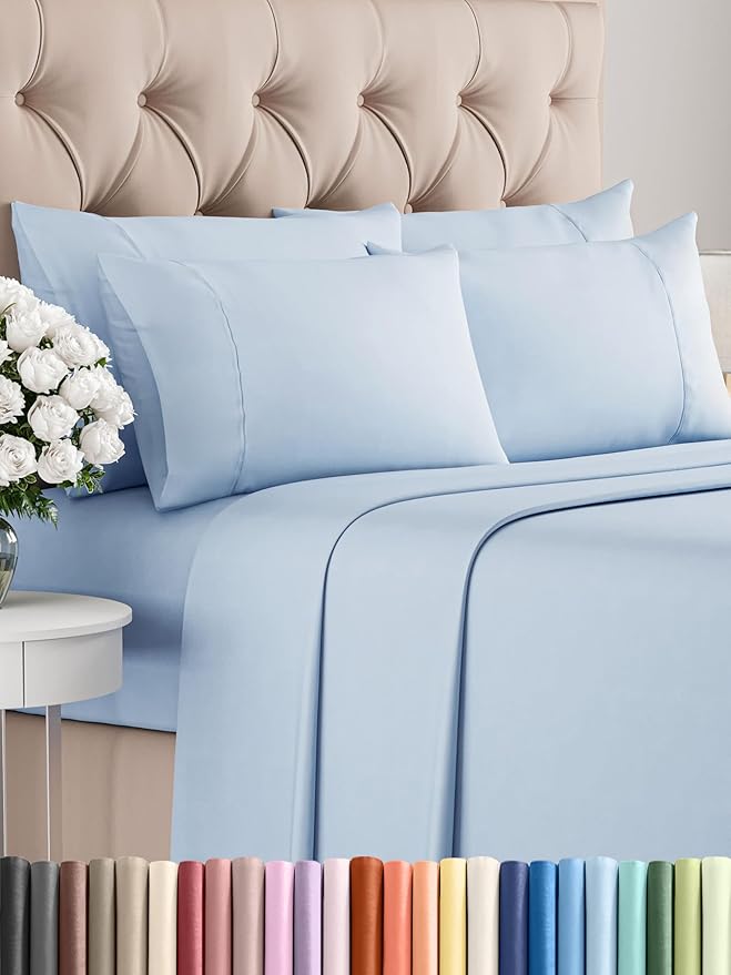 Full 6 Piece Sheet Set - Comfy Breathable & Cooling - Ultra Soft Hotel Luxury Bedding Set w/ 8-16 Inch Deep Pockets - 1 Flat & 1 Fitted Sheet & 4 Pillowcases - Wrinkle Free and Easy Care - Sky Blue