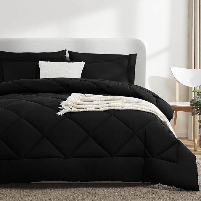 CozyLux Oversized King Comforter Set Black - 7 Pieces Bed in a Bag Comforter Set with Sheets, Luxury Soft Bed Set All Seasons, Bedding Set with Down Alternative Comforter, Sheets, Pillowcases & Shams