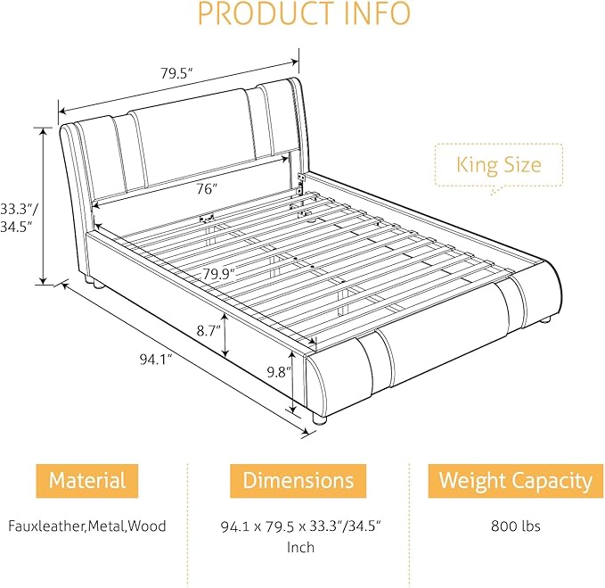 SHA CERLIN King Size Bed Frame with Iron Pieces Decor and Adjustable Headboard/Deluxe Upholstered Modern Platform Bed with Solid Wooden Slats Support/No Box Spring Needed, Black