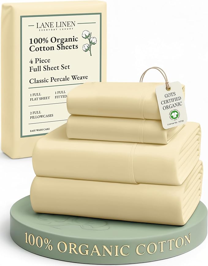 LANE LINEN 100% Organic Cotton Full Size Bed Sheets, Sustainably Produced Okeo Tex Certified Cotton Sheets Full, Luxury Hotel Percale Soft & Comfy Comes in Variety of Colors- Vanilla