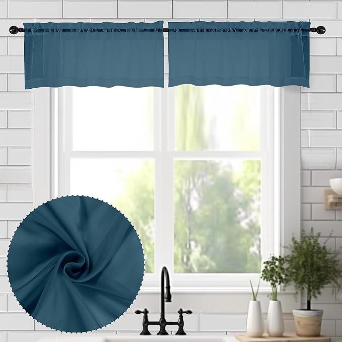 Chyhomenyc Stone Blue Sheer Valances for Windows 2 Pack, 42Wx14L Inches Small Valance for Living Room Bathroom Cafe Laundry Basement, Elegant Haze Blue Voile Valance