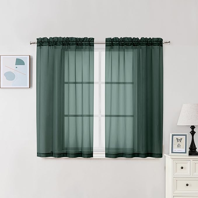 Chyhomenyc Hunter Green Sheer Curtains 45 Inch Long 2 Panels, Short Voile Drapes for Dinning Small Windows Bathroom Living Room Bedroom, Rod Pocket, 42Wx45L Inches