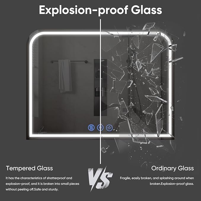 LED Bathroom Mirror, 40"x 32" LED Mirror with Lights for Bathroom, Lighted Vanity Mirrors for Wall, Anti-Fog, Dimmable, Tempered Glass, Memory Function, 3 Colors, Safe Use (White)