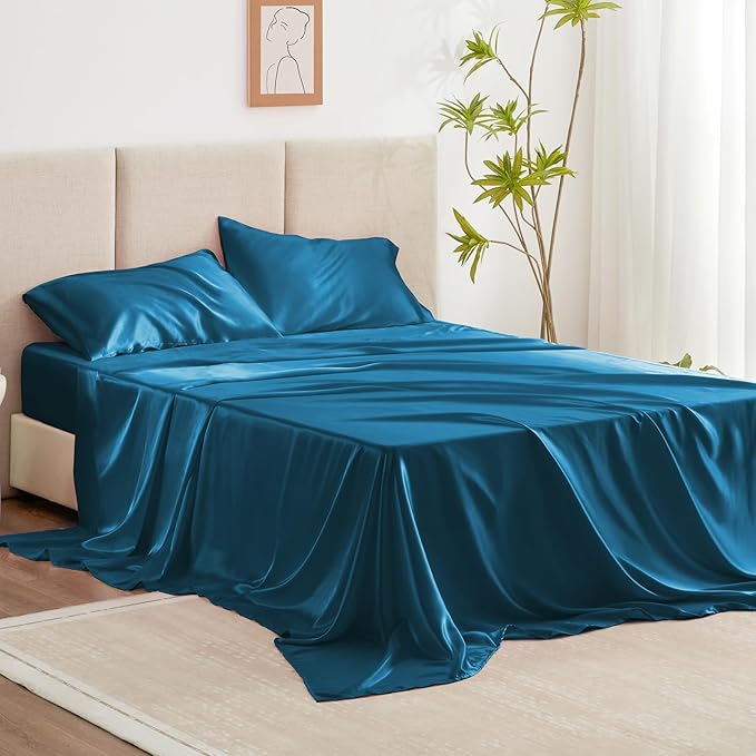 Love's cabin Full Size Satin Sheet Sets - 4 Piece Teal Silky Satin Sheet Set Full with Deep Pocket, Luxury Silk Feel Satin Bed Sheets Full Bedding Set (1 Flat Sheet,1 Fitted Sheet,2 Pillow Cases)