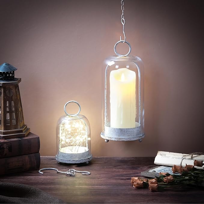 5" & 4" Wide Versatile Metal Candle Holder in Shabby White with Handmade Thick & Sturdy Glass Dome Cover for Pillar Candle & Plants, Farmhouse, Shabby Chic Style (2, White Shabby, Large & Small)