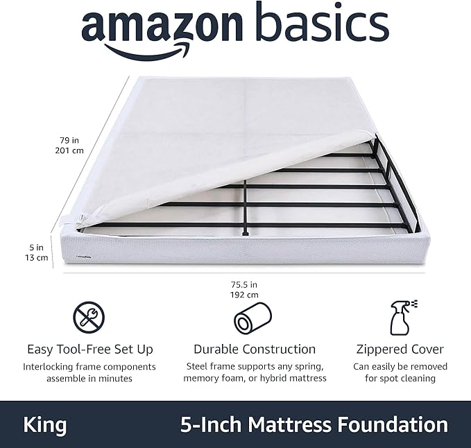 Amazon Basics Smart Box Spring Bed Base, 5-Inch Height Mattress Foundation, Tool-Free Easy Assembly, King, 79"L x 75.5"W x 5"H, White