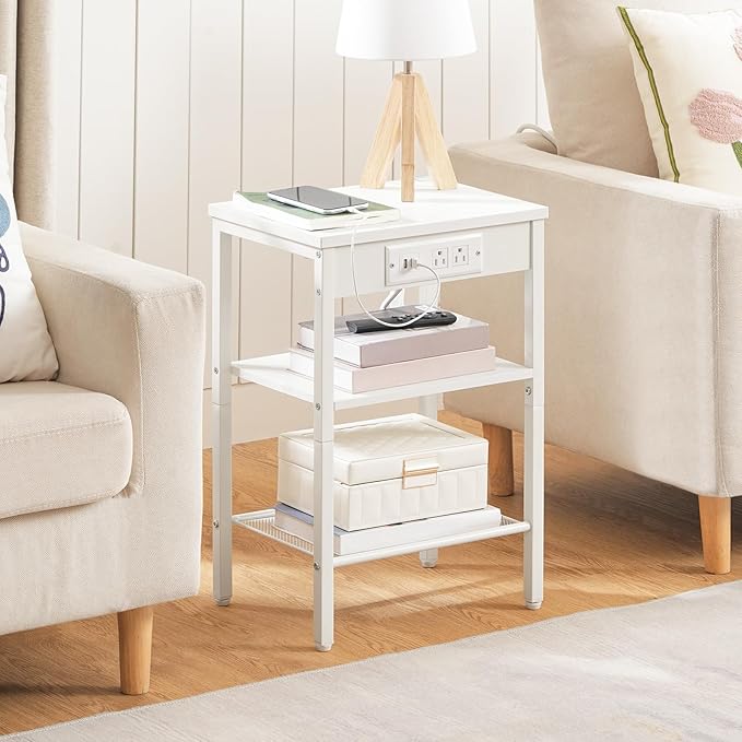 HOOBRO Side Tables Set of 2 with Charging Station and USB Ports, Small End Tables for Small Space, 3-Tier Nightstands with Adjustable Shelf, for Living Room, Bedroom and Balcony, White WW112BZP201