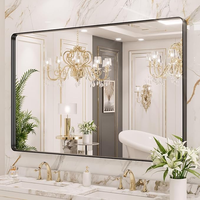 LOAAO 48X40 Inch Black Metal Framed Bathroom Mirror for Wall, Matte Black Bathroom Vanity Mirror Farmhouse, Large Rounded Rectangle Mirror, Anti-Rust, Tempered Glass, Hangs Horizontally or Vertically