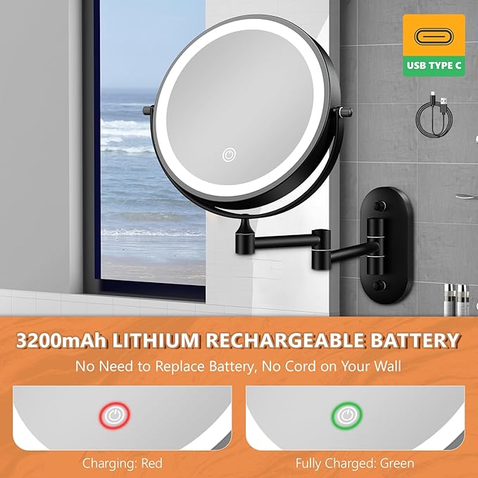 Auxmir 1X/30X Wall Mounted Makeup Mirror with Light, 8" Rechargeable Double-Sided Magnifying Mirror, Vanity Mirror Dimmable 3 Color Light, 360° Extension Rotation Foldable 14.5 Inch Arm, Black