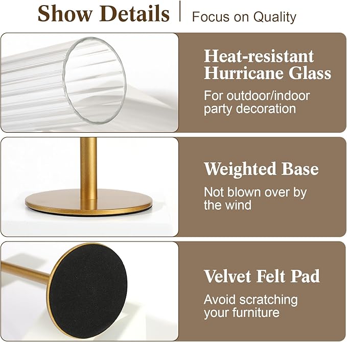 Glass Hurricane Candle Holders Set (3pcs)-Gold Metal Base Taper Candle Stick Holders for Candlesticks Holder Decor, Elegant Dining Table Centerpiece for Wedding, Christmas & Home Decor-Ribbed Glass