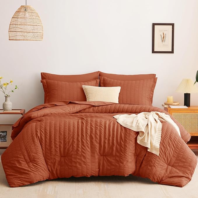 CozyLux Full Size Comforter Sets with Sheets Seersucker 7 Pieces Burnt Orange Bed in a Bag Luxury Terracotta Bedding Set with Down Alternative Comforter, Sheets, Pillowcases & Shams for All Seasons